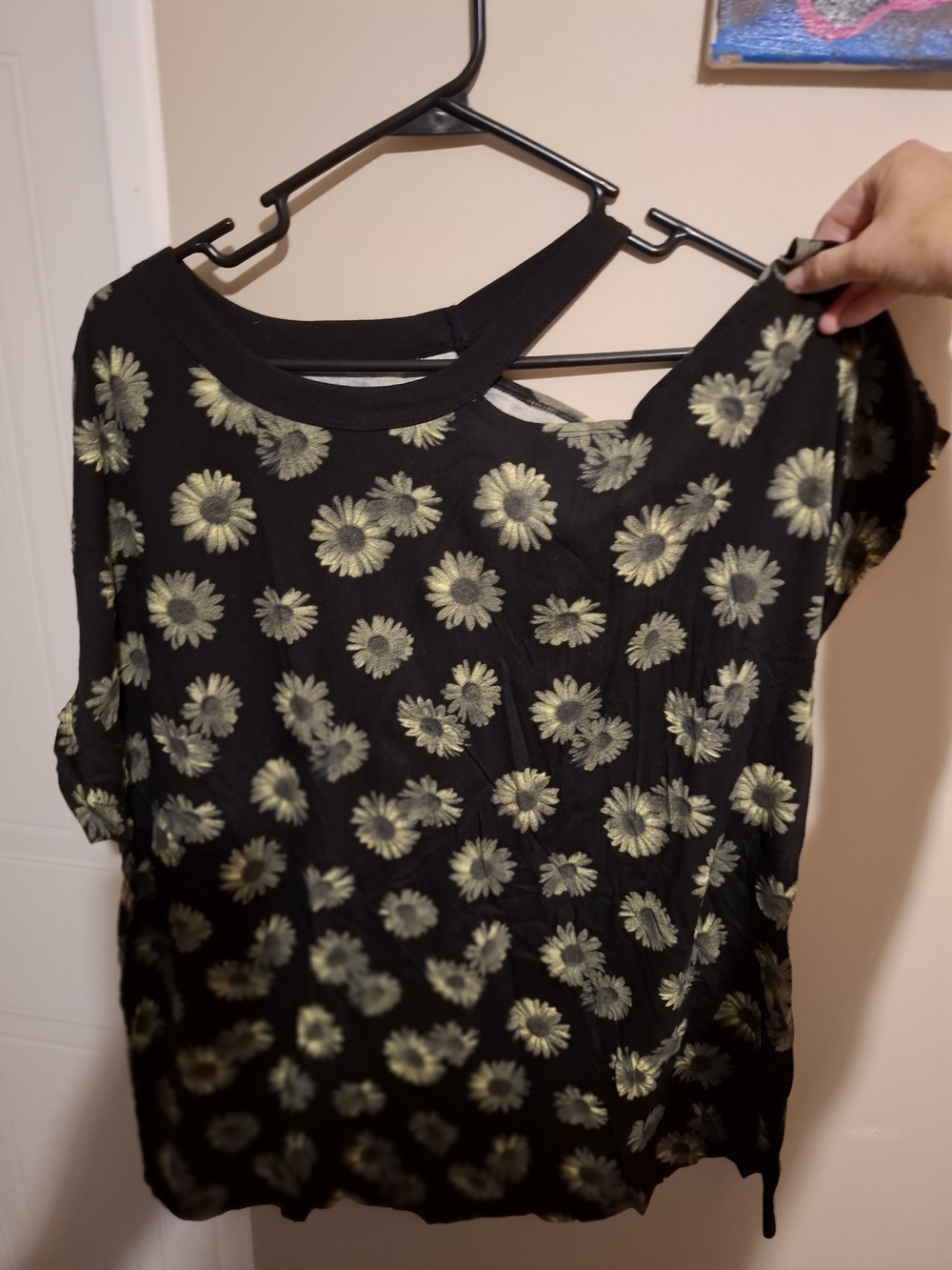 Black Short-Sleeve Tee with Metallic Gold Daisy Print
